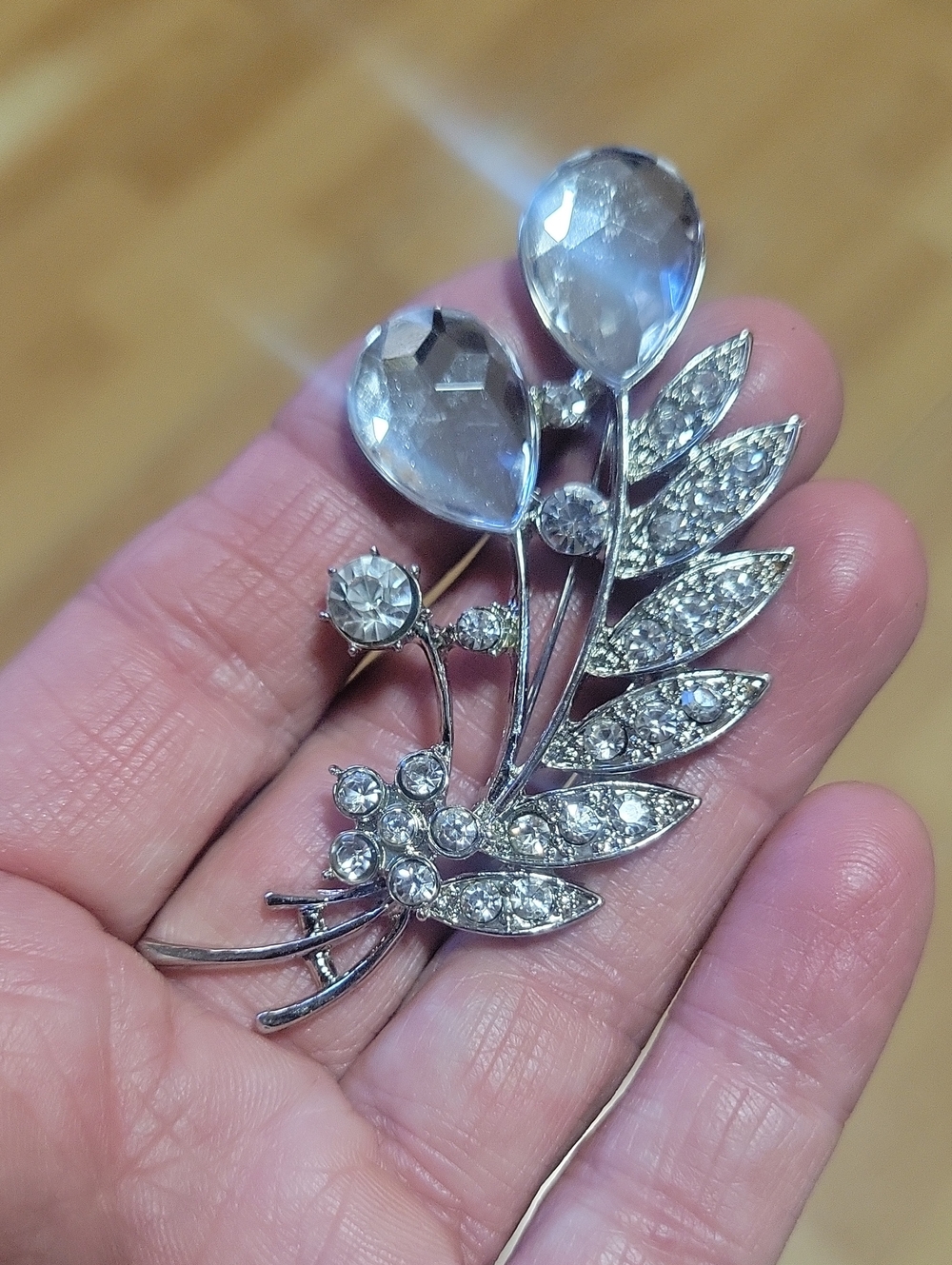 Crystal Floral Spray Brooch - Silver Tone